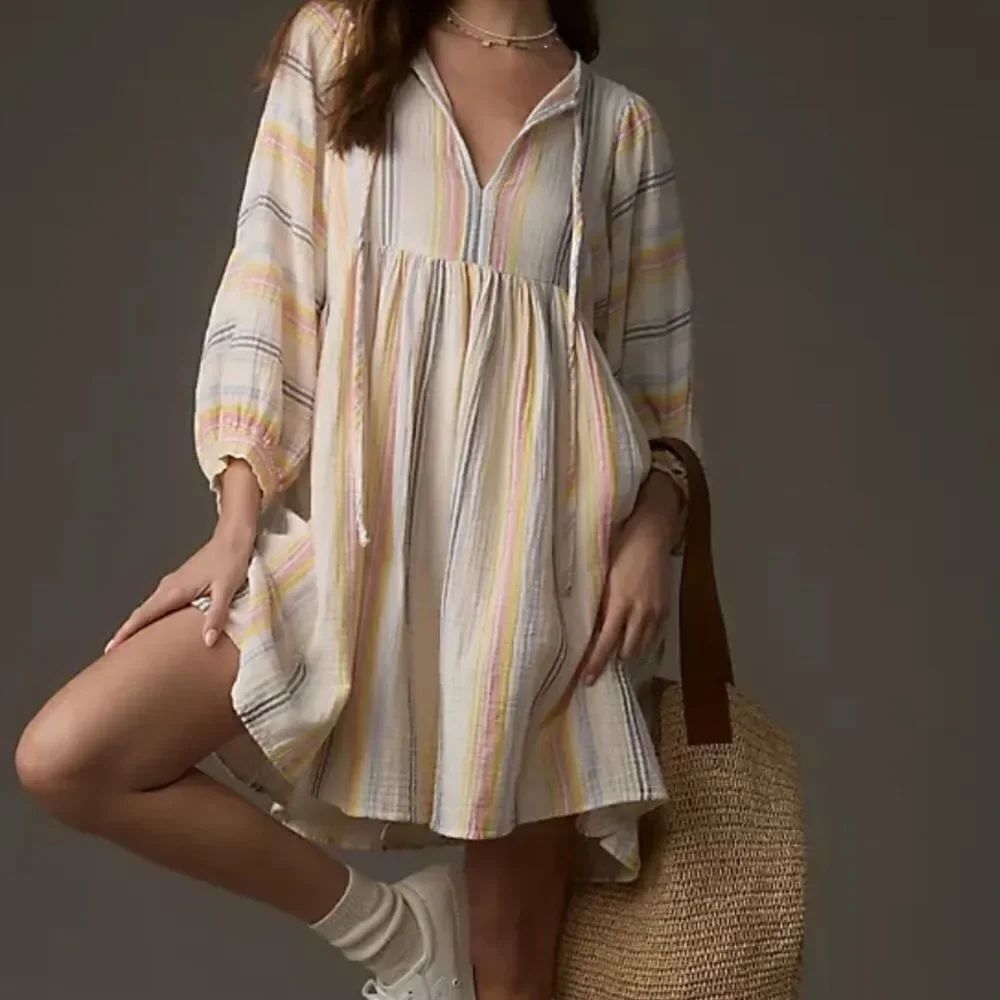 Sundry Long Sleeve Babydoll blouson sleeve mini dress neutral motif striped XS
